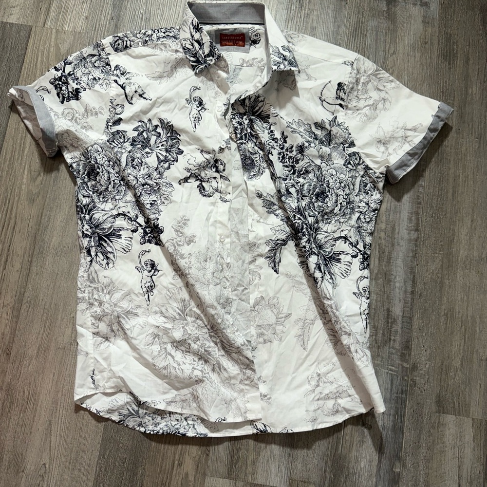 Black and White Casual Button Down Shirt with Artistic Floral Print